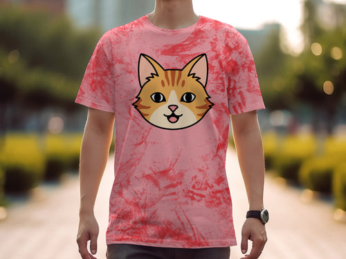 Pink t-shirt with a cartoon cat face graphic.