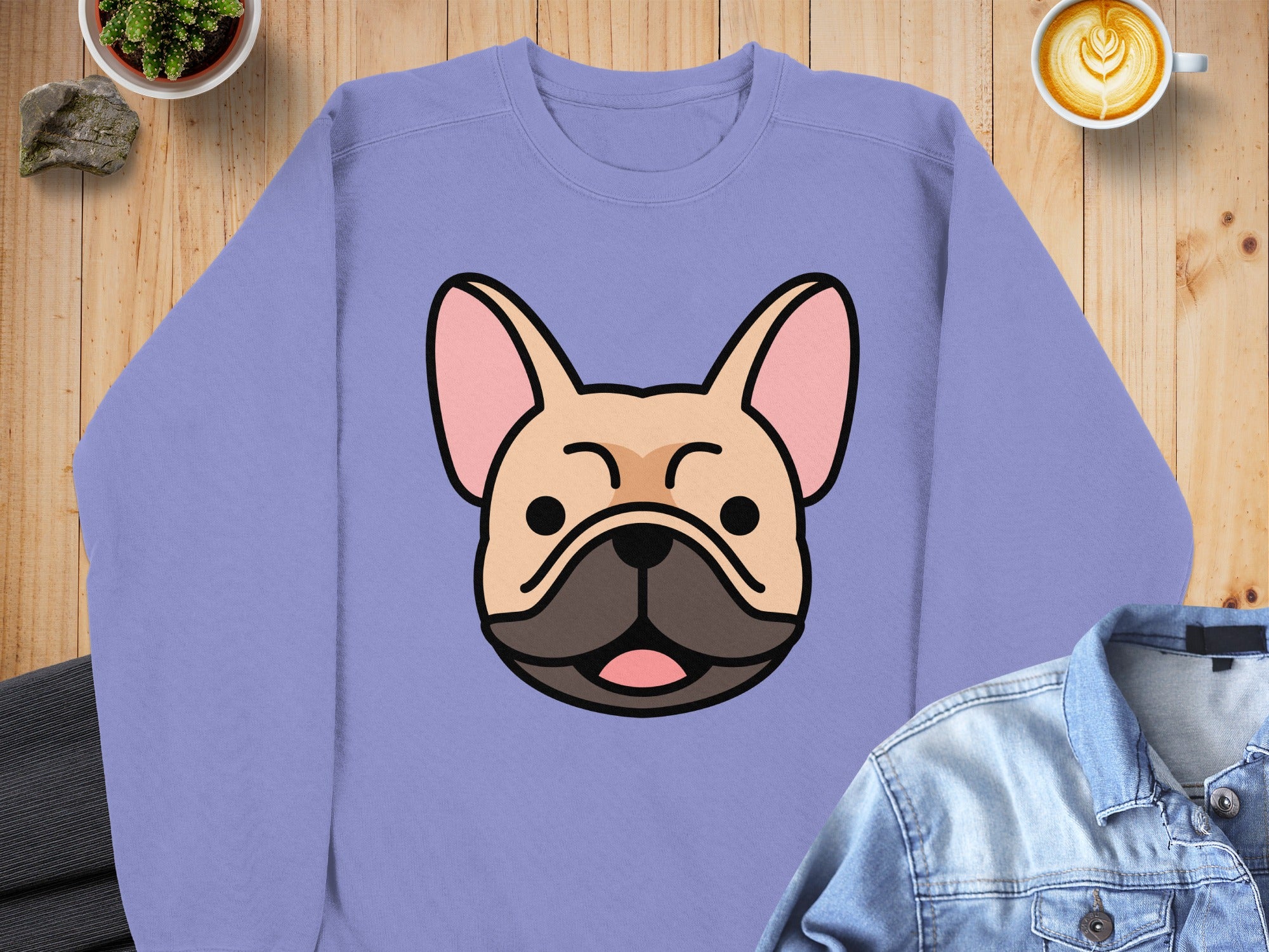 Purple sweatshirt with a French bulldog graphic.