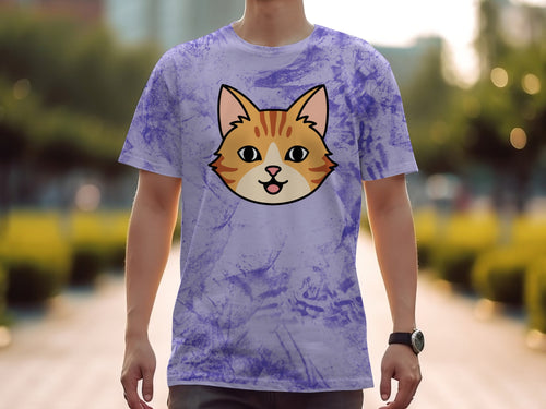 Purple tie-dye t-shirt with a cartoon cat face graphic.