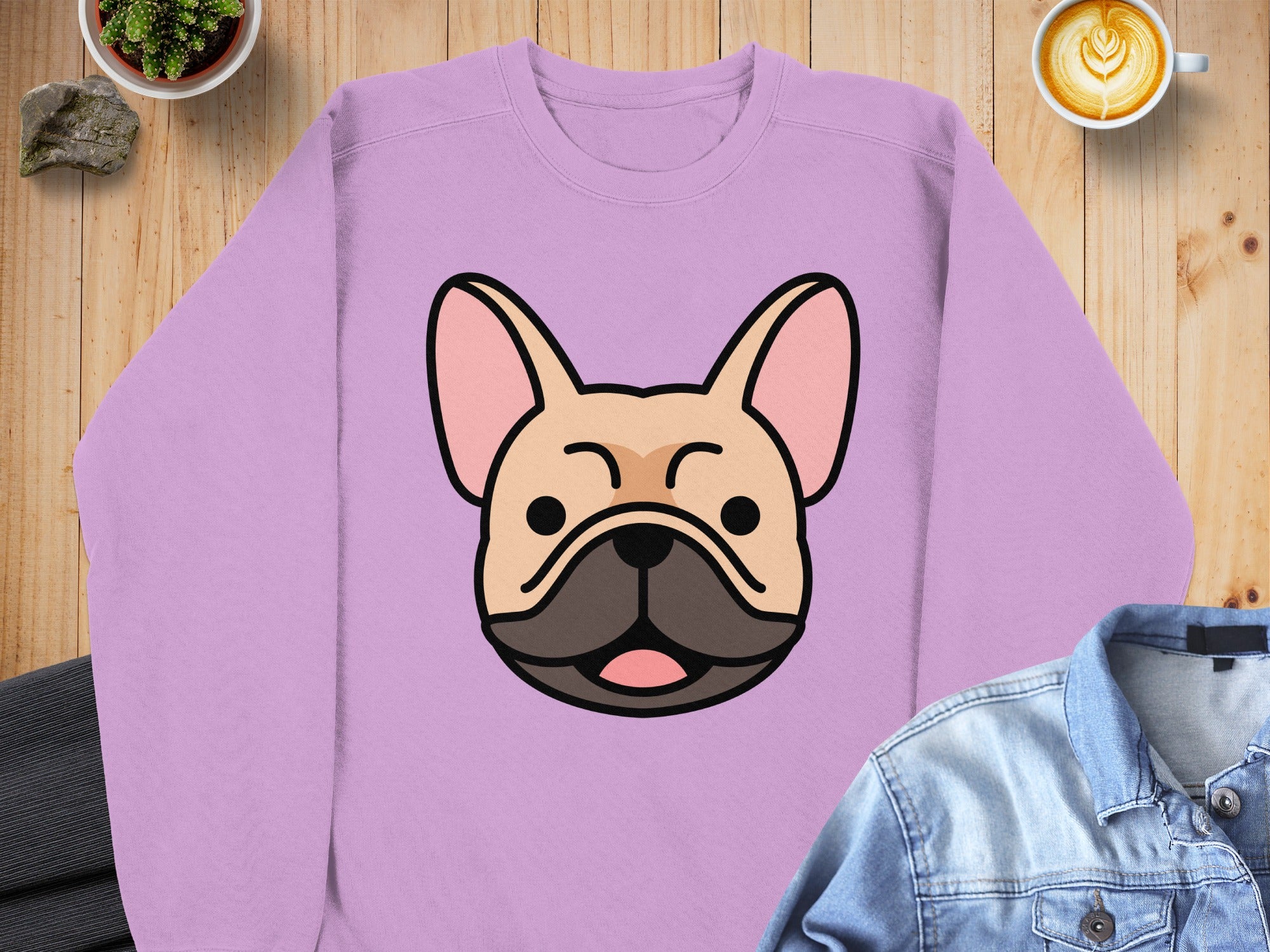Lavender sweatshirt with a cartoon French bulldog face design.