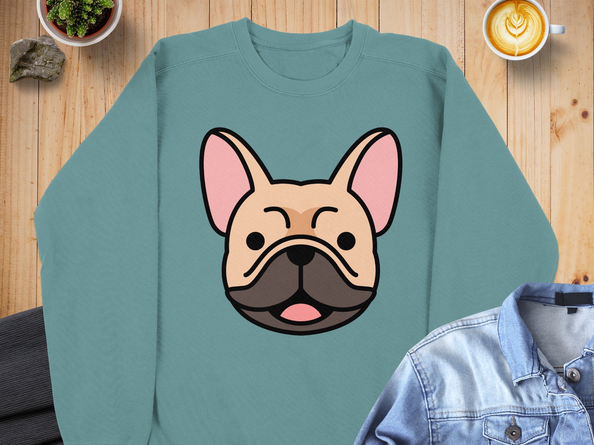 Teal sweatshirt with a cartoon French Bulldog graphic.
