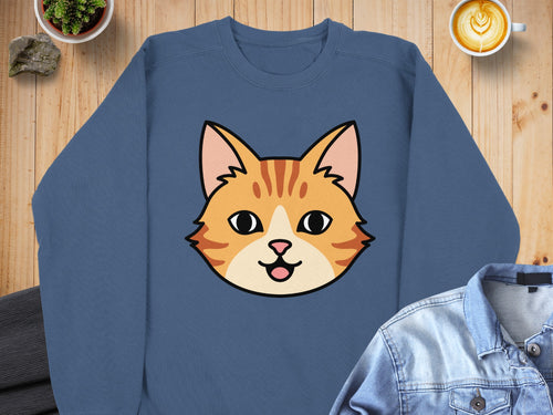 Blue sweatshirt with a cartoon cat face graphic.