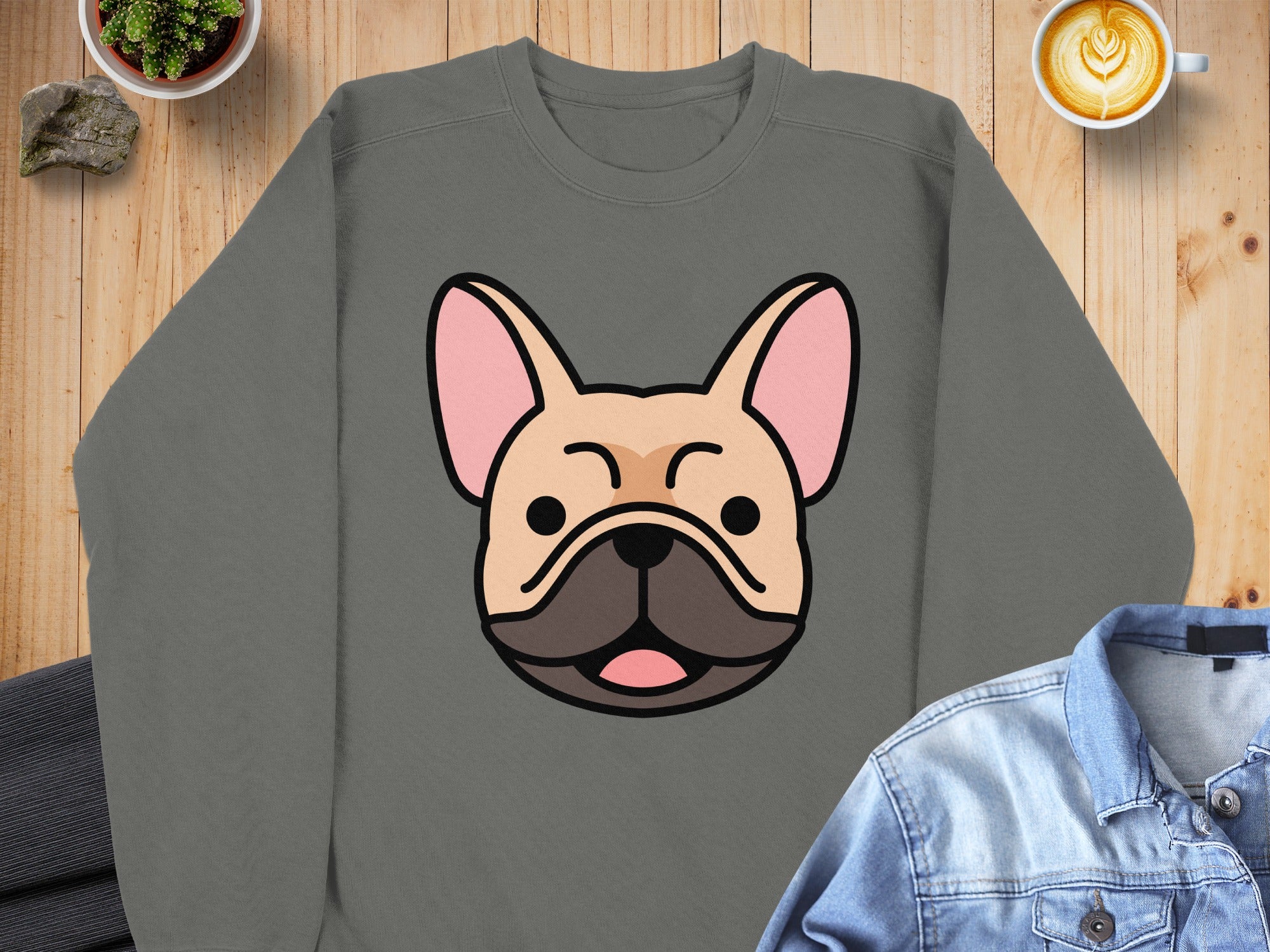 French bulldog graphic on charcoal crewneck sweatshirt.