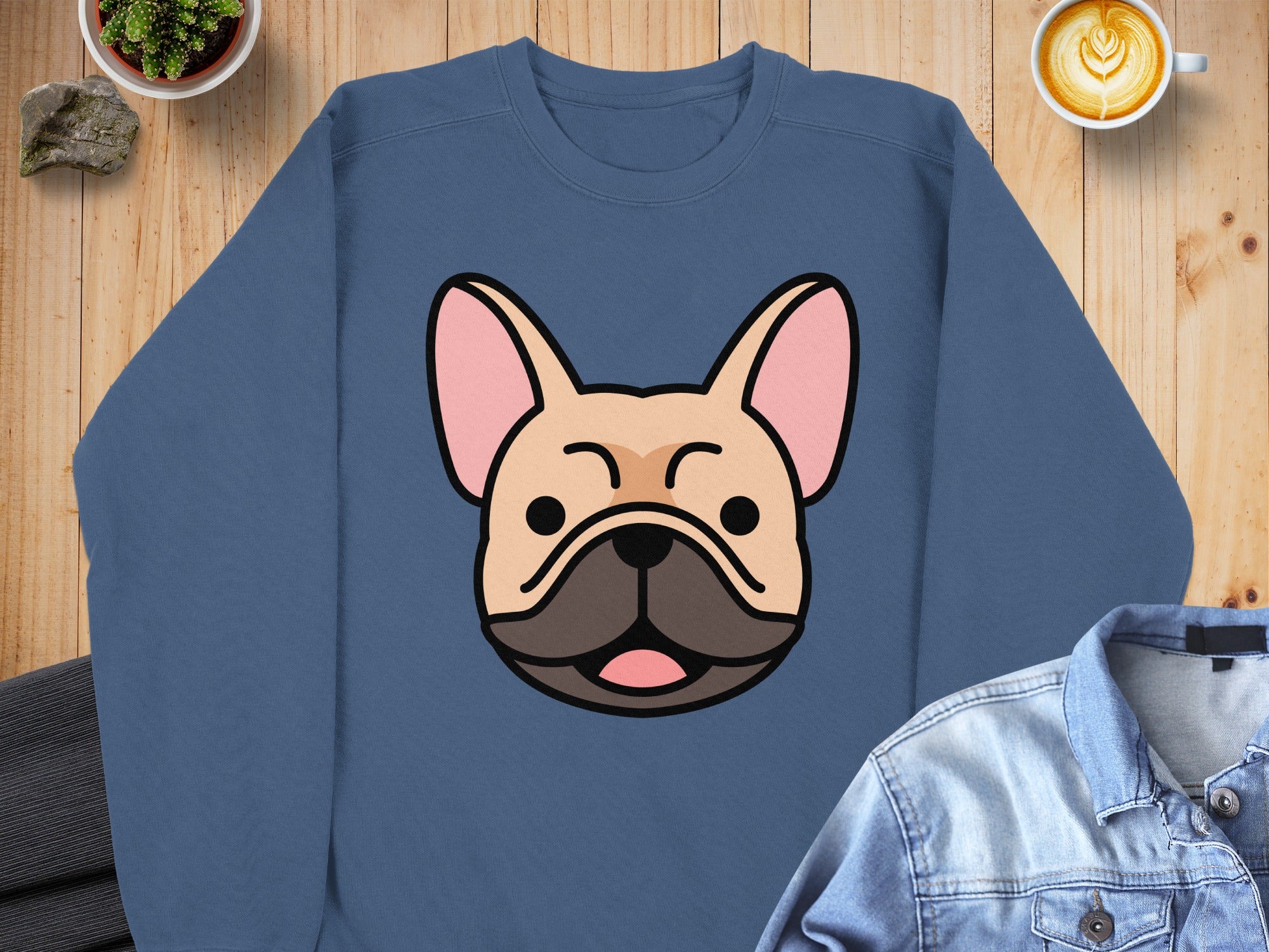 Blue sweatshirt featuring a cartoon French bulldog face with pink accents.