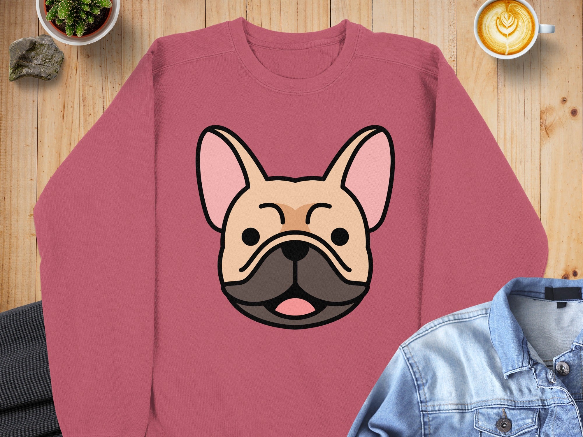 French bulldog illustration on a rose pink sweatshirt.
