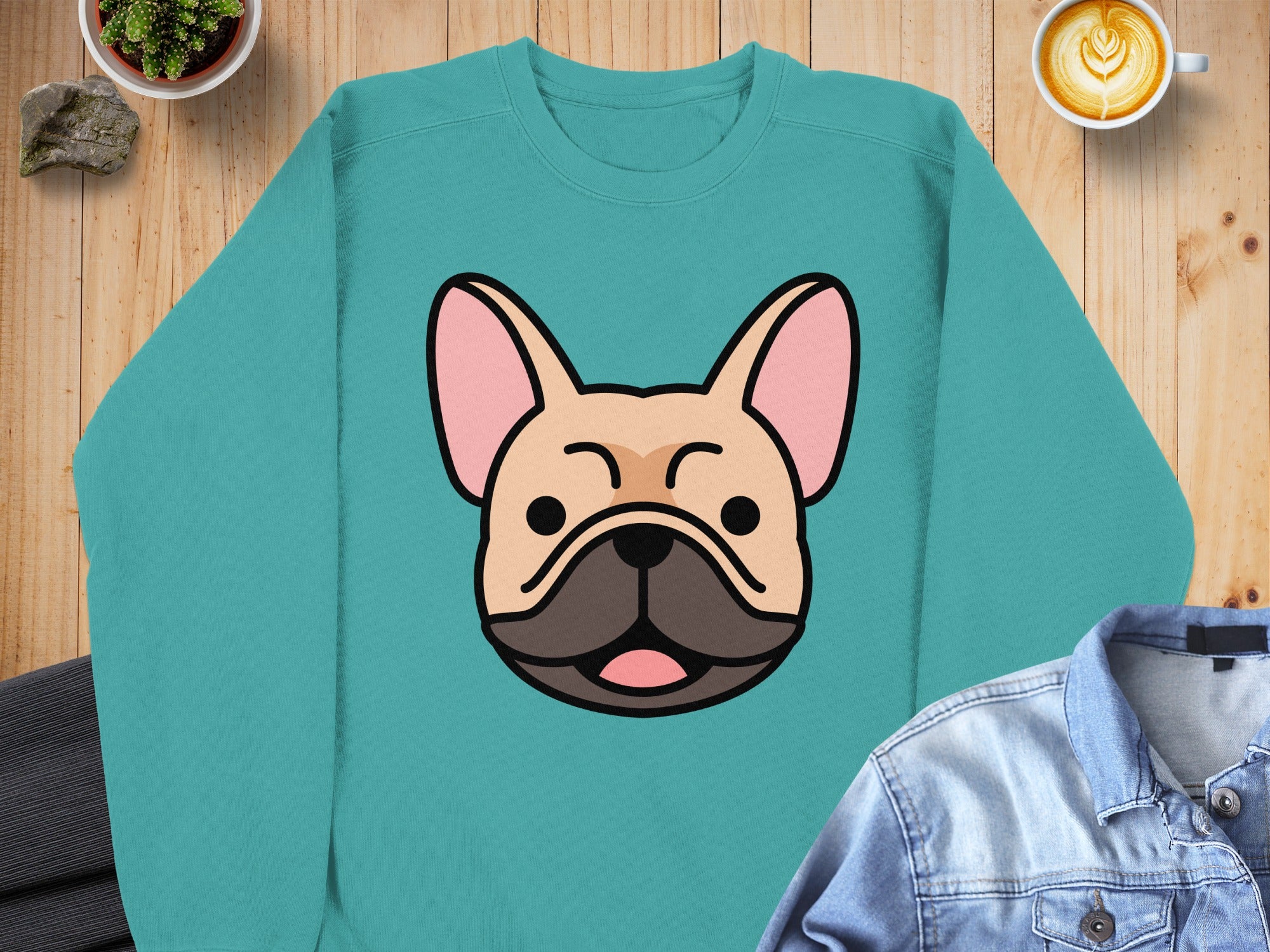 Teal crewneck sweatshirt with a cartoon French Bulldog face graphic.