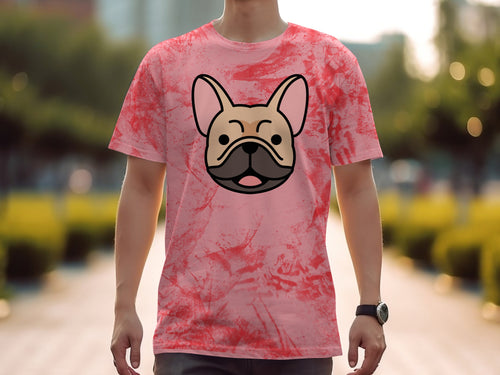 Pink tie-dye t-shirt with cartoon French bulldog graphic.