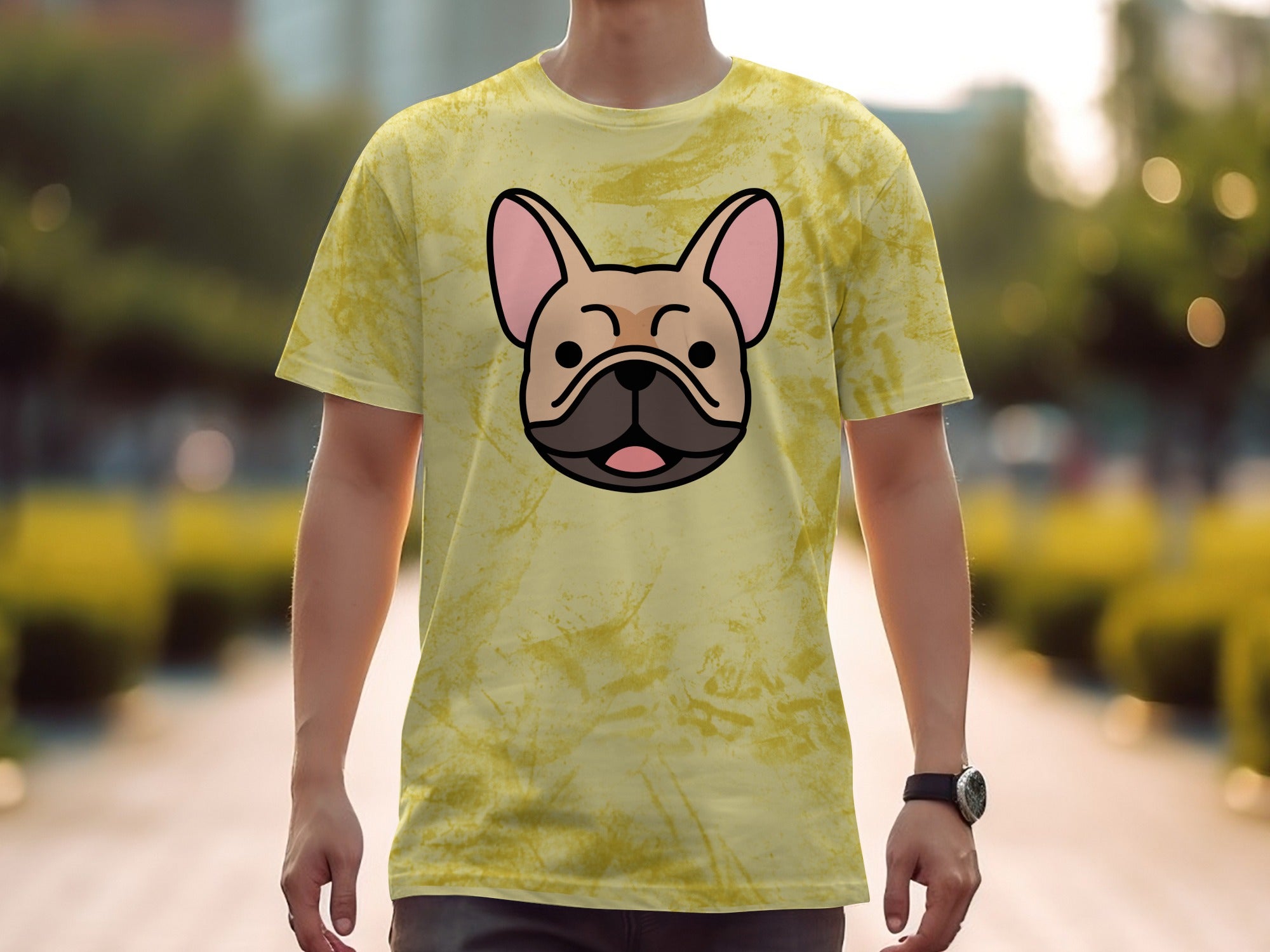 Yellow tie-dye t-shirt with a cartoon French bulldog face.