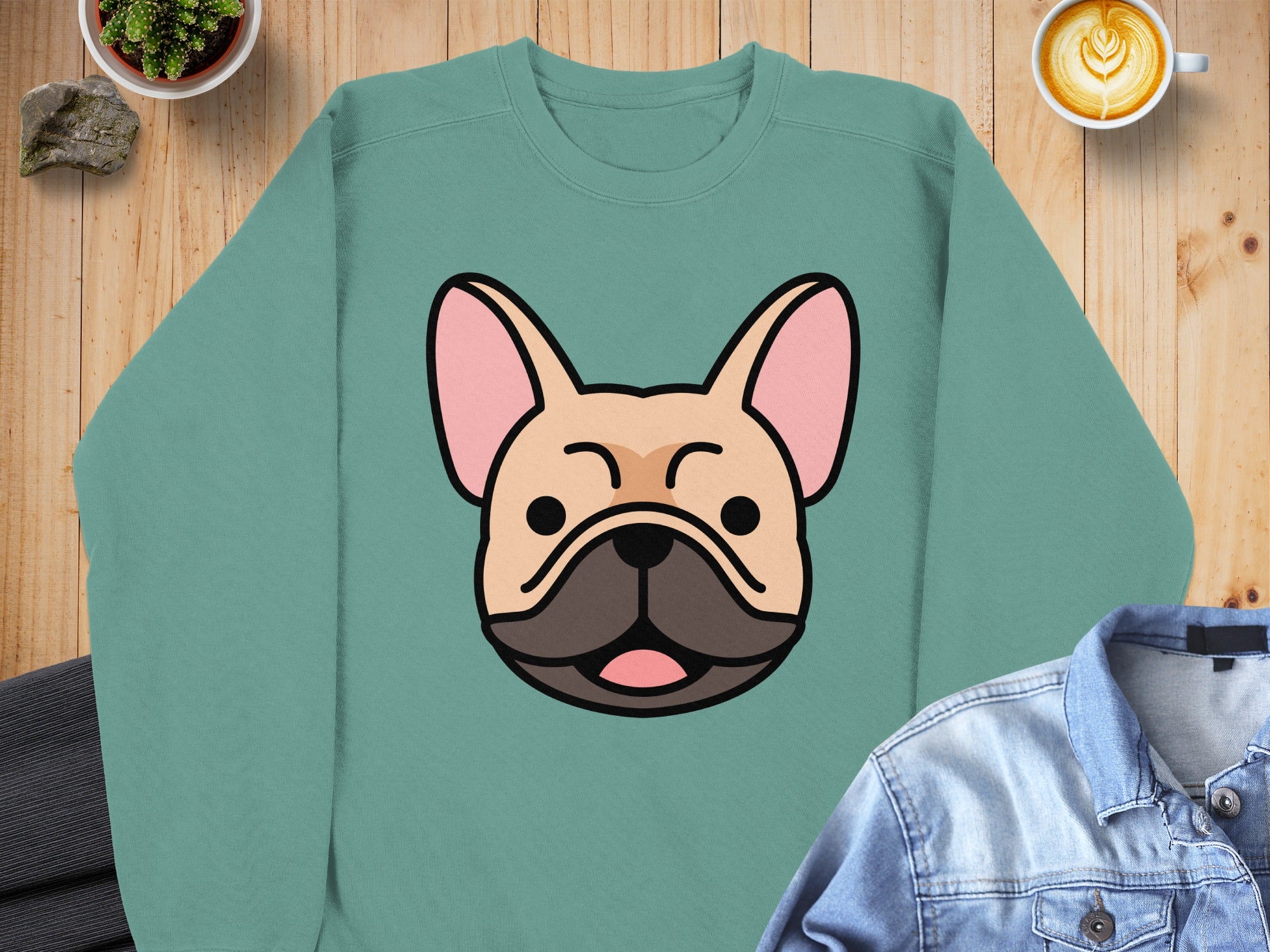 Teal crewneck sweatshirt with a French bulldog graphic.