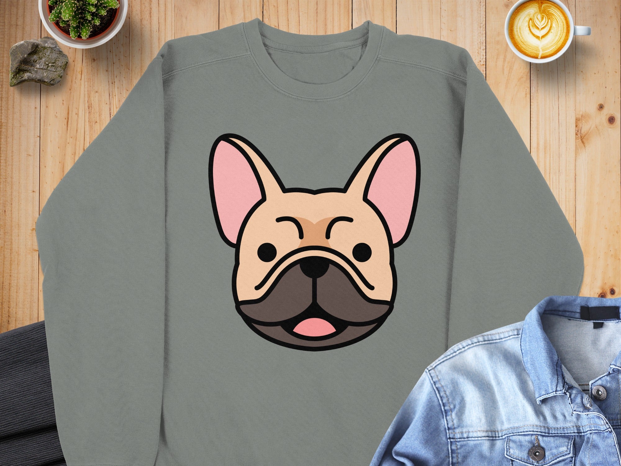 French bulldog graphic on gray crewneck sweatshirt, with coffee and denim jacket.
