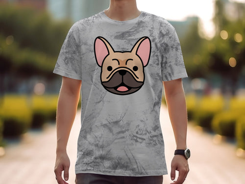 T-shirt with marbled pattern and a French bulldog graphic.