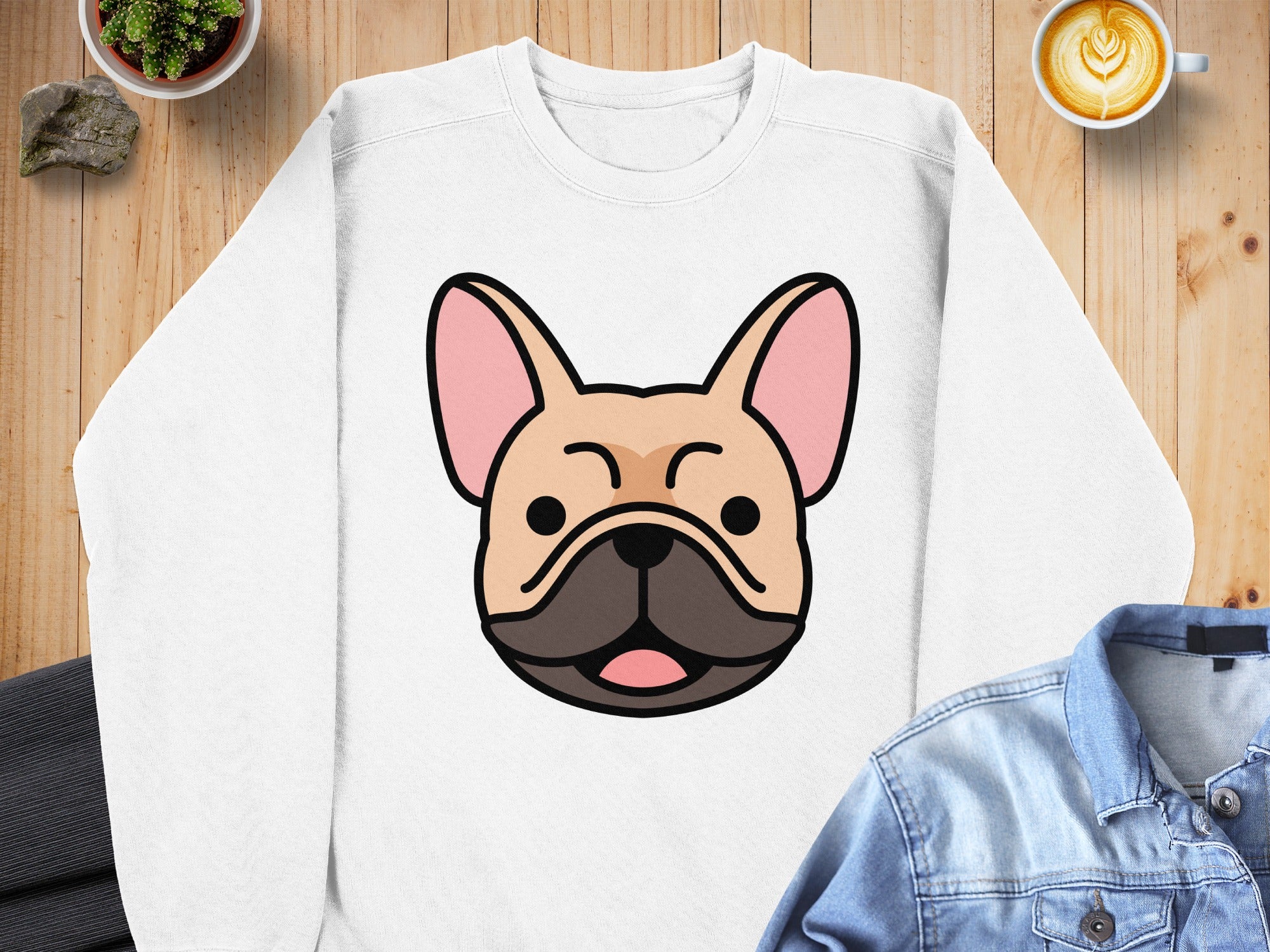 White sweatshirt with a cute French bulldog graphic.
