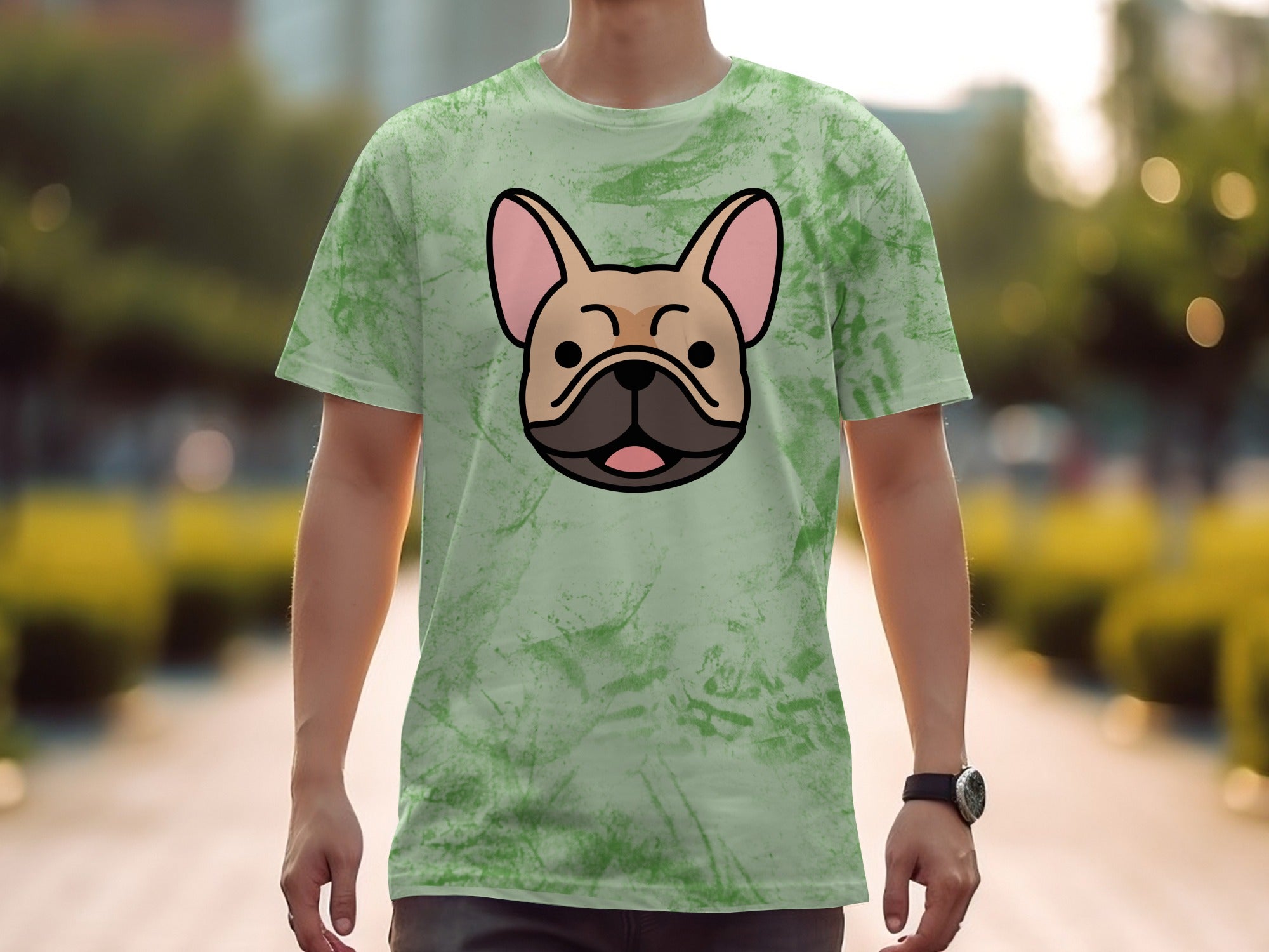 Green tie-dye t-shirt with a French bulldog face graphic.