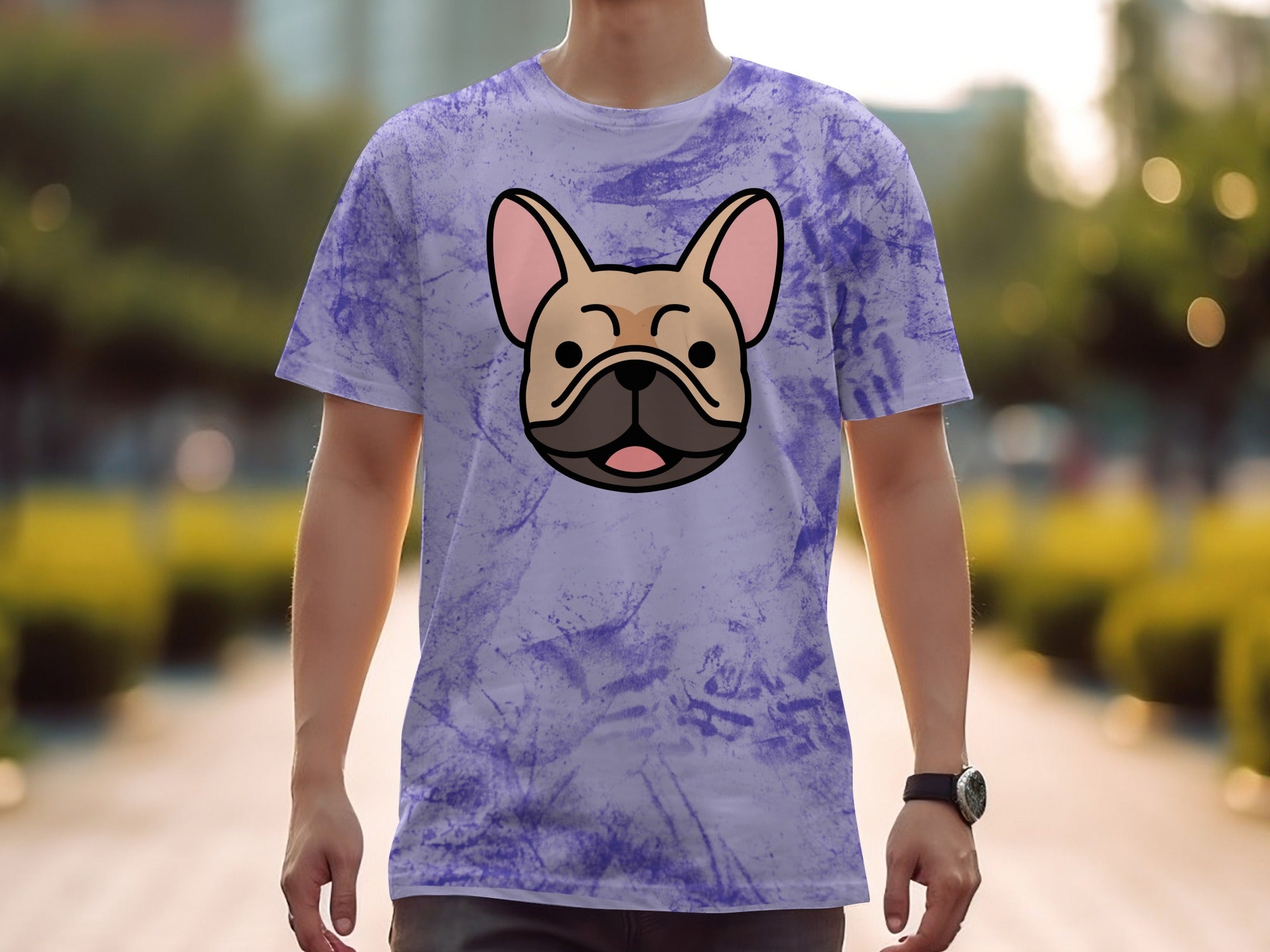 Purple marbled t-shirt with a cartoon French bulldog graphic.