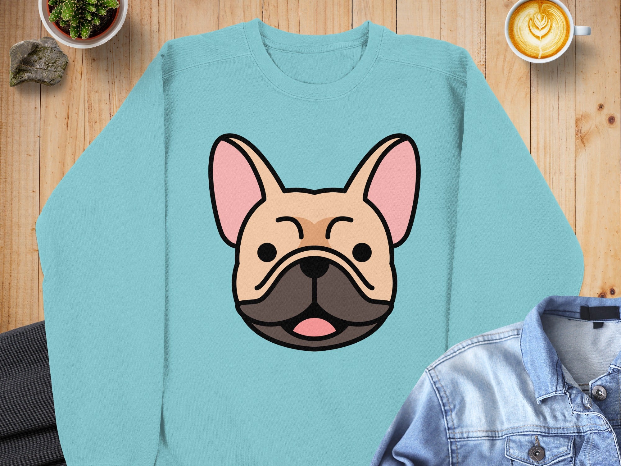 Light blue sweatshirt with a cartoon French Bulldog face graphic.