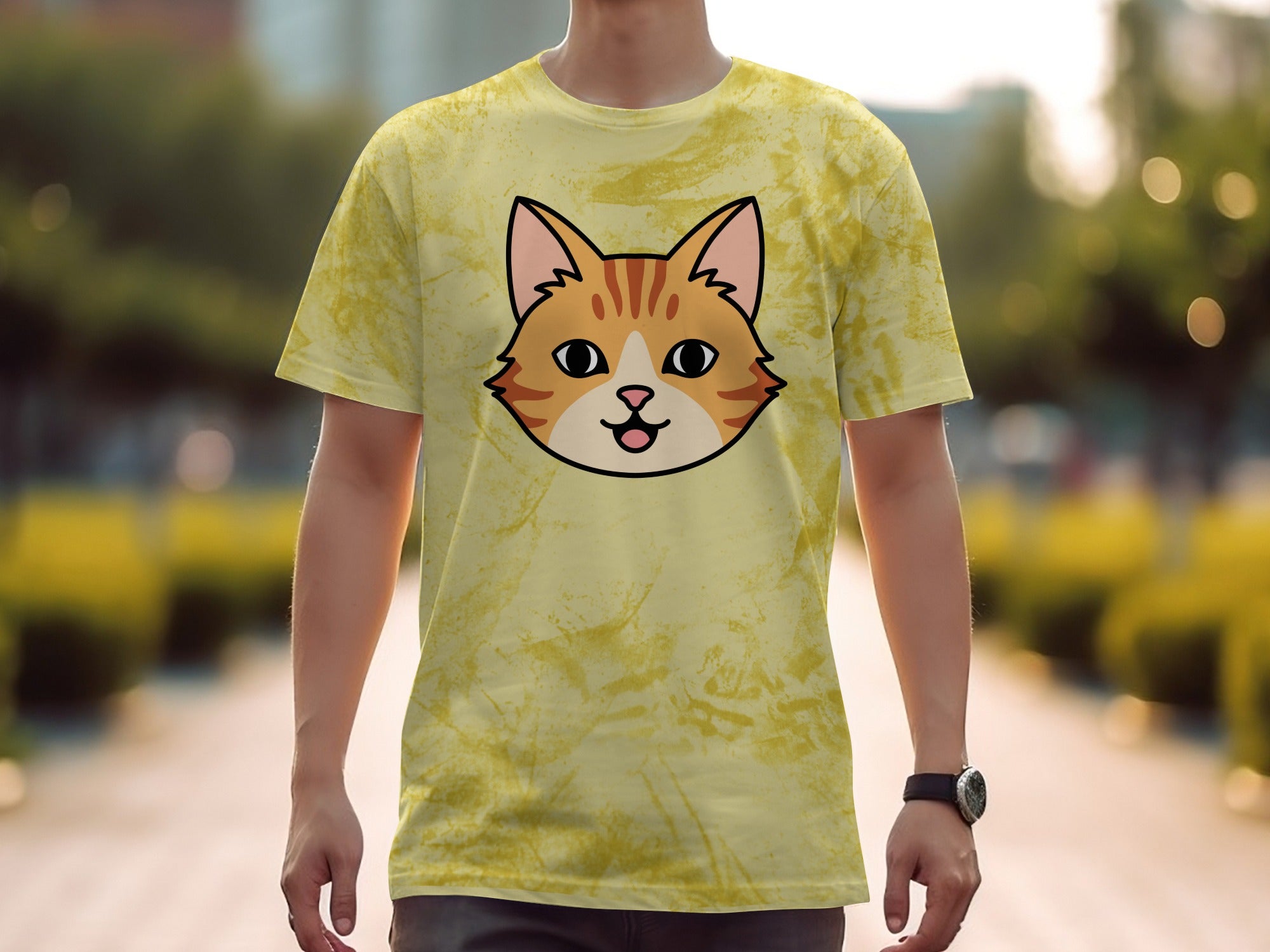 T-shirt with cartoon cat face design, yellow marble pattern background.